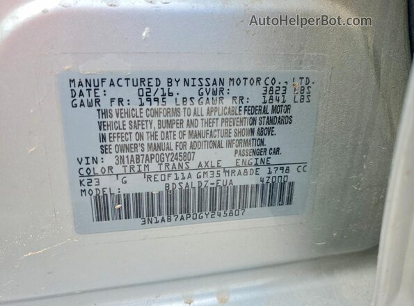 3N1AB7AP0GY245807 2016 NISSAN SENTRA Silver Вид підкапотного простору