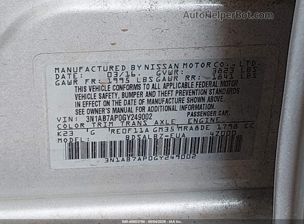 3N1AB7AP0GY249002 2016 NISSAN SENTRA Серебряный Вид подкапотного пространства