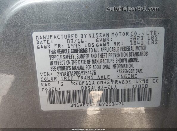 3N1AB7AP0GY251476 2016 NISSAN SENTRA Gray Շարժիչի բաժամունքի տեսք