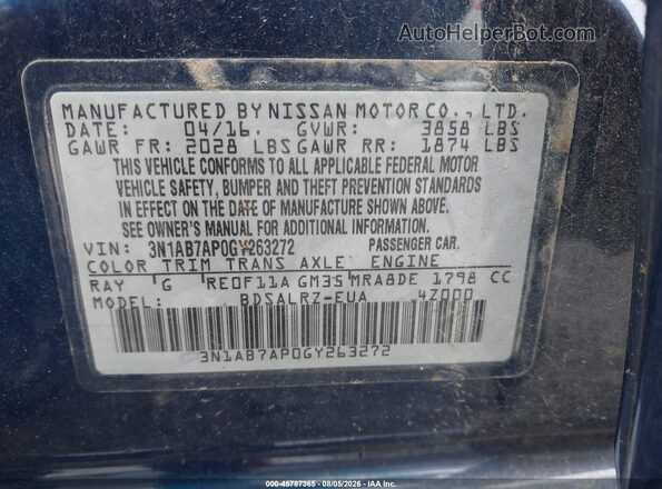 3N1AB7AP0GY263272 2016 NISSAN SENTRA Blue Vista del compartimento del motor