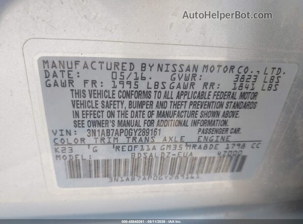 3N1AB7AP0GY289161 2016 NISSAN SENTRA Silver Շարժիչի բաժամունքի տեսք