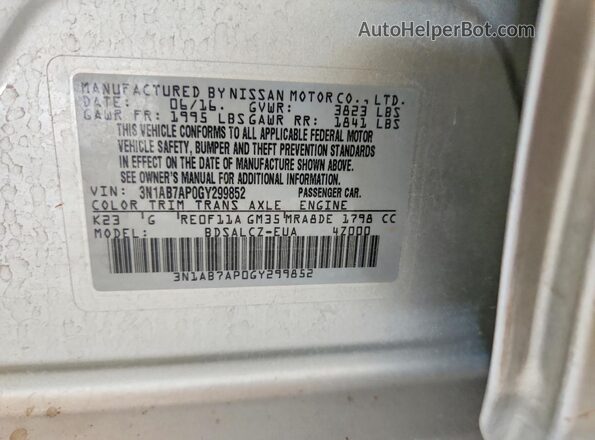 3N1AB7AP0GY299852 2016 NISSAN SENTRA Silver Շարժիչի բաժամունքի տեսք