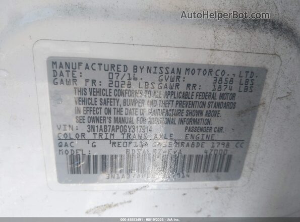 3N1AB7AP0GY317914 2016 NISSAN SENTRA Белый Вид подкапотного пространства