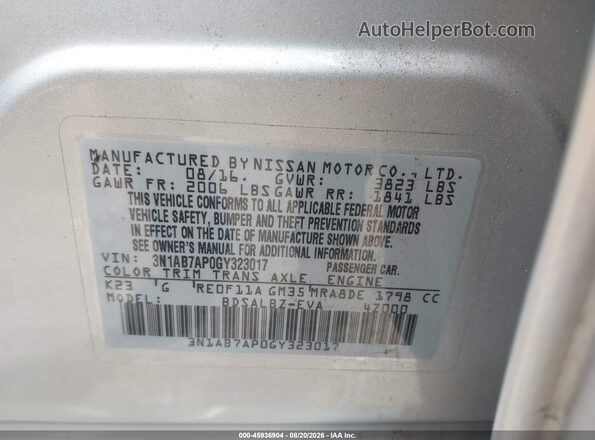 3N1AB7AP0GY323017 2016 NISSAN SENTRA Silver Vista del compartimento del motor