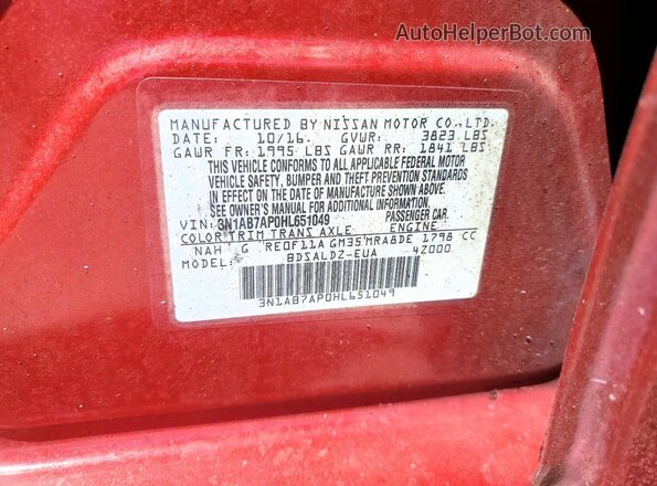 3N1AB7AP0HL651049 2017 NISSAN SENTRA Red Շարժիչի բաժամունքի տեսք