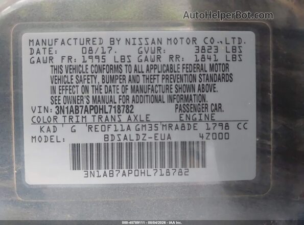 3N1AB7AP0HL718782 2017 NISSAN SENTRA Gray Շարժիչի բաժամունքի տեսք