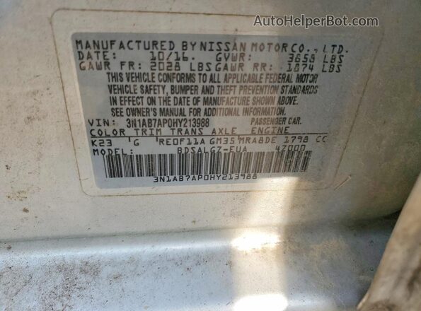 3N1AB7AP0HY213988 2017 NISSAN SENTRA Silver 