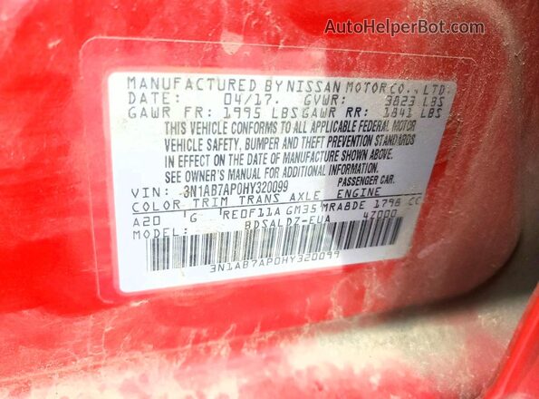 3N1AB7AP0HY320099 2017 NISSAN SENTRA Красный Вид подкапотного пространства