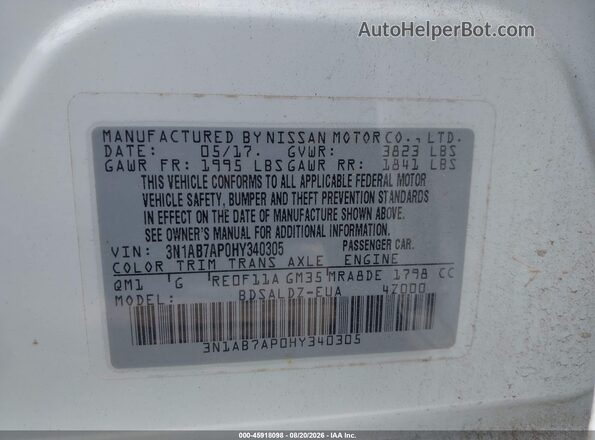 3N1AB7AP0HY340305 2017 NISSAN SENTRA Белый Вид подкапотного пространства