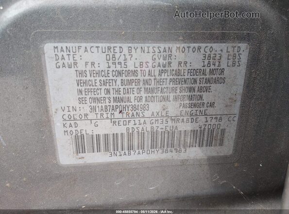 3N1AB7AP0HY384983 2017 NISSAN SENTRA Gray Շարժիչի բաժամունքի տեսք