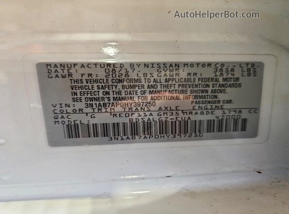3N1AB7AP0HY397250 2017 NISSAN SENTRA White Widok komory silnika
