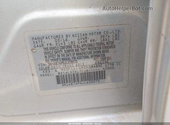 3N1AB7AP0JL650070 2018 NISSAN SENTRA Silver ძრავის განყოფილების ხედი