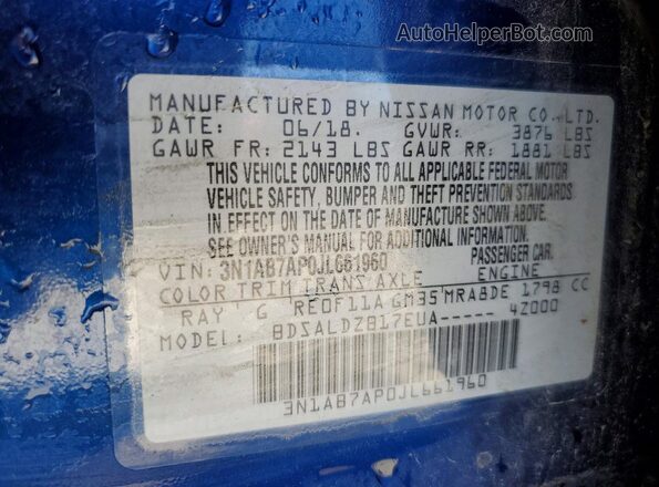 3N1AB7AP0JL661960 2018 NISSAN SENTRA Blue Вид наклейки з VIN-кодом
