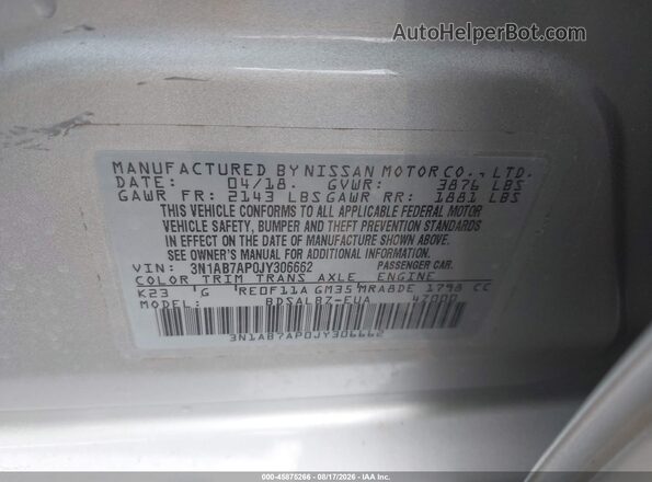 3N1AB7AP0JY306662 2018 NISSAN SENTRA Silver ძრავის განყოფილების ხედი