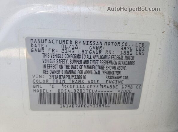 3N1AB7AP0JY338916 2018 NISSAN SENTRA White Вид підкапотного простору