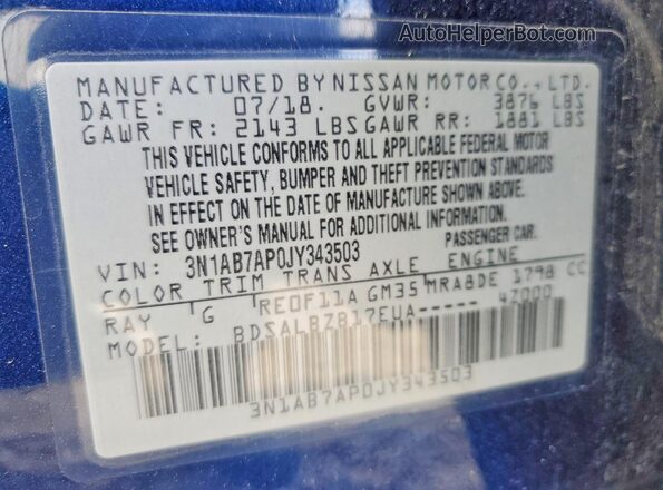 3N1AB7AP0JY343503 2018 NISSAN SENTRA Blue Widok naklejki z numerem VIN