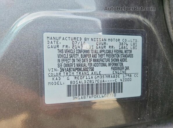 3N1AB7AP0KL602750 2019 NISSAN SENTRA Gray 