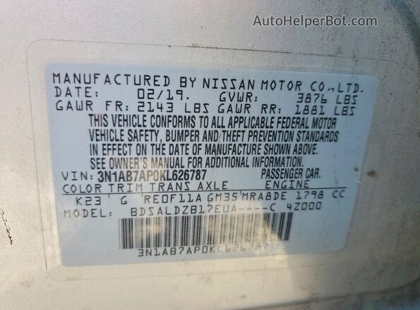 3N1AB7AP0KL626787 2019 NISSAN SENTRA Silver Engine compartment view