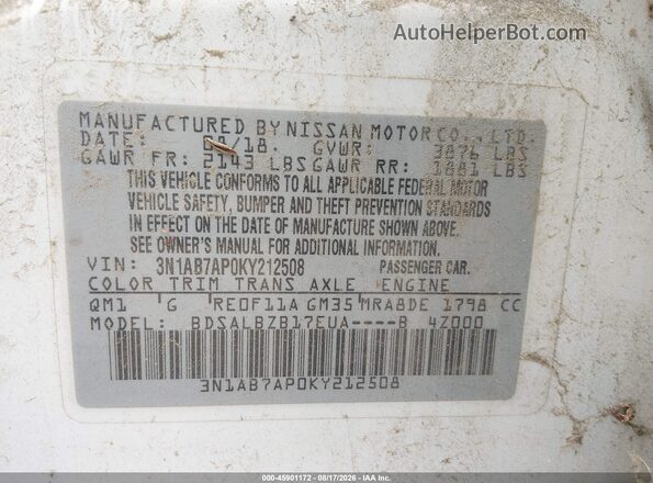 3N1AB7AP0KY212508 2019 NISSAN SENTRA White Vista del compartimento del motor