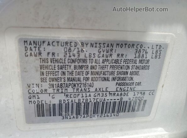 3N1AB7AP0KY216140 2019 NISSAN SENTRA White Widok komory silnika