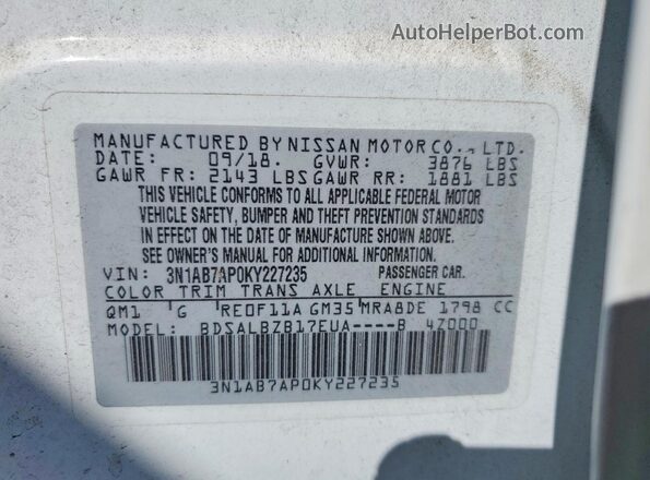 3N1AB7AP0KY227235 2019 NISSAN SENTRA Белый Вид подкапотного пространства