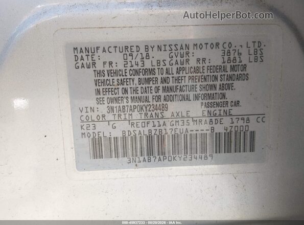 3N1AB7AP0KY234489 2019 NISSAN SENTRA Серебряный Вид подкапотного пространства