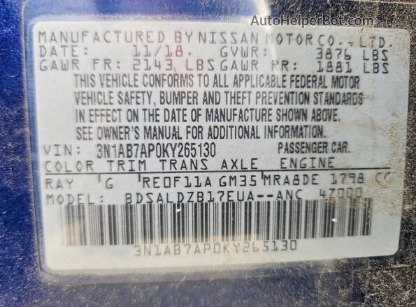 3N1AB7AP0KY265130 2019 NISSAN SENTRA Blue VIN sticker view