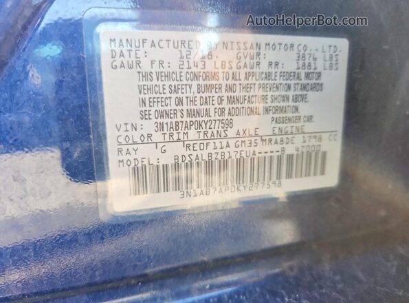 3N1AB7AP0KY277598 2019 NISSAN SENTRA Blue Շարժիչի բաժամունքի տեսք