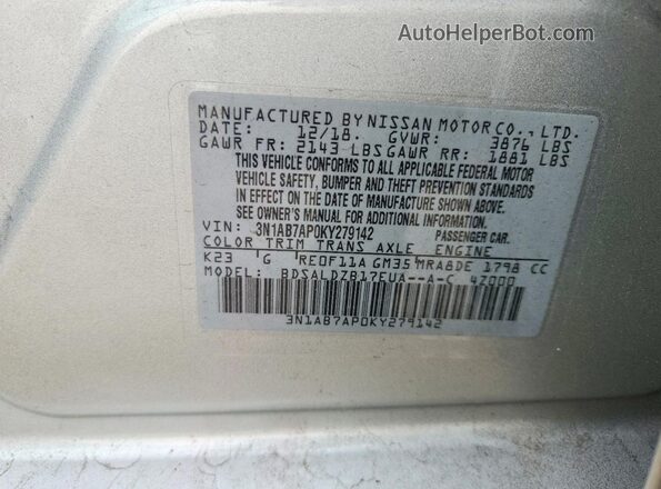 3N1AB7AP0KY279142 2019 NISSAN SENTRA Silver Вид наклейки з VIN-кодом