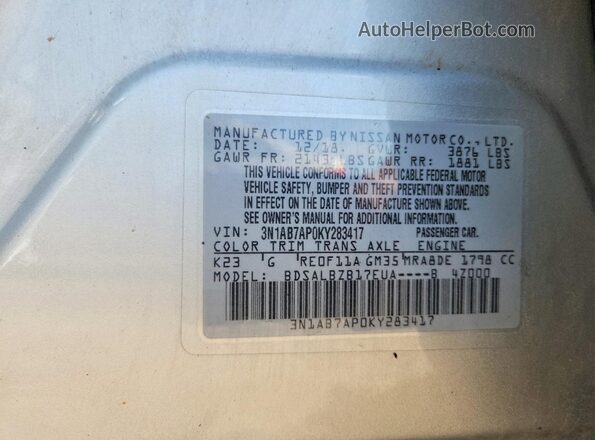 3N1AB7AP0KY283417 2019 NISSAN SENTRA Серебряный Вид наклейки с VIN-кодом