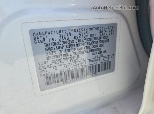 3N1AB7AP0KY299178 2019 NISSAN SENTRA White Widok komory silnika
