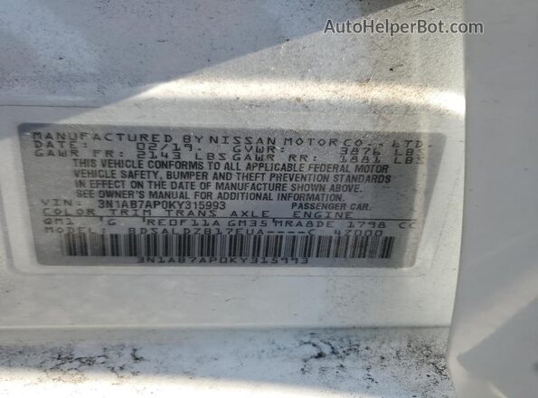 3N1AB7AP0KY315993 2019 NISSAN SENTRA White VIN sticker view