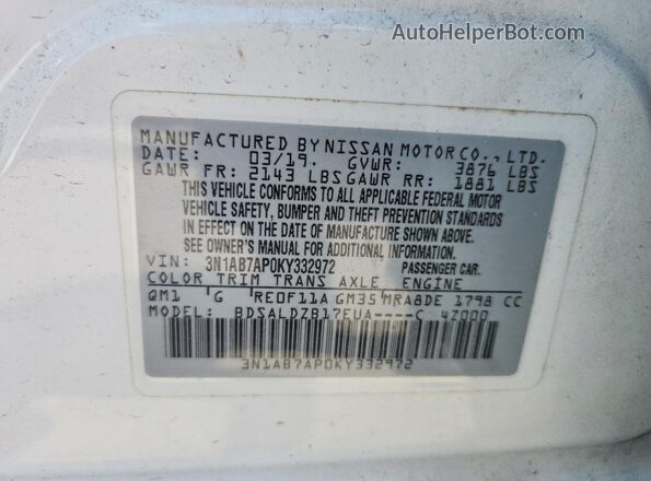 3N1AB7AP0KY332972 2019 NISSAN SENTRA White Вид підкапотного простору