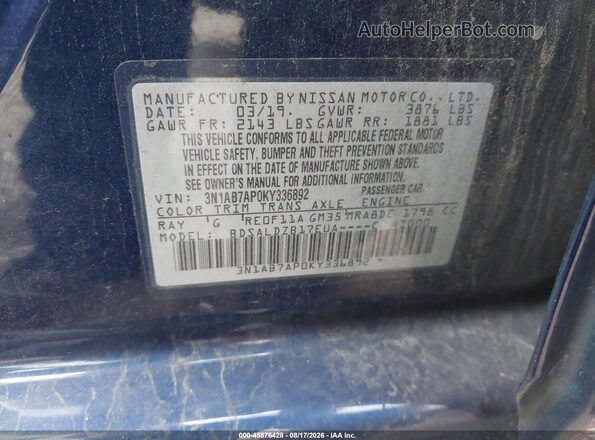 3N1AB7AP0KY336892 2019 NISSAN SENTRA Blue Widok komory silnika