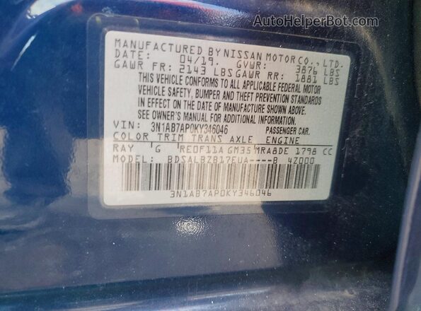 3N1AB7AP0KY346046 2019 NISSAN SENTRA Blue Vista de la etiqueta del VIN