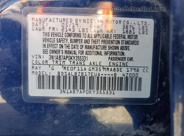 3N1AB7AP0KY355331 2019 NISSAN SENTRA Blue Vista de la etiqueta del VIN