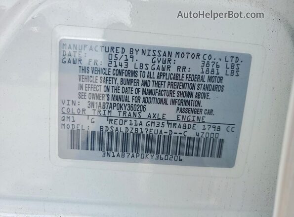 3N1AB7AP0KY360206 2019 NISSAN SENTRA White ძრავის განყოფილების ხედი