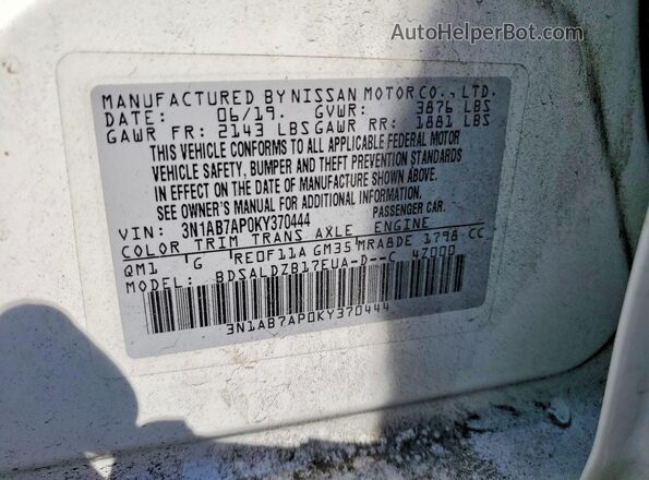 3N1AB7AP0KY370444 2019 NISSAN SENTRA White ძრავის განყოფილების ხედი