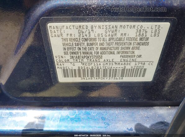 3N1AB7AP0KY375658 2019 NISSAN SENTRA Blue ძრავის განყოფილების ხედი