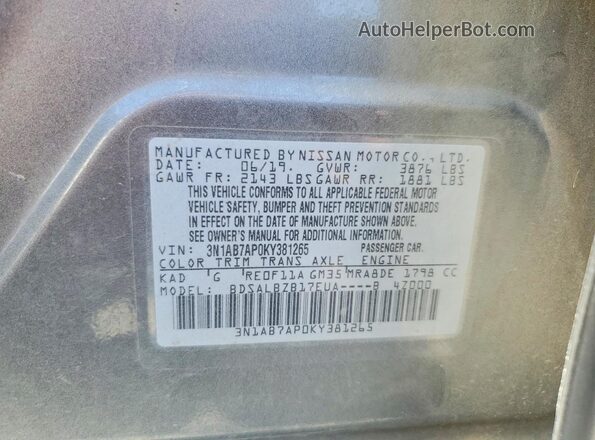 3N1AB7AP0KY381265 2019 NISSAN SENTRA Charcoal Widok naklejki z numerem VIN