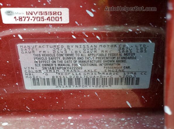 3N1AB7AP0KY422249 2019 NISSAN SENTRA Red Շարժիչի բաժամունքի տեսք