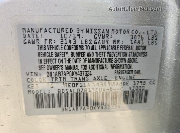 3N1AB7AP0KY437334 2019 NISSAN SENTRA Silver Widok naklejki z numerem VIN