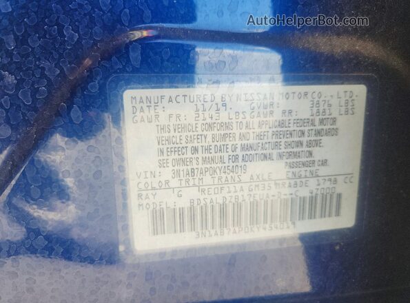 3N1AB7AP0KY454019 2019 NISSAN SENTRA Blue Widok naklejki z numerem VIN