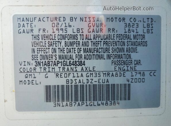 3N1AB7AP1GL648384 2016 NISSAN SENTRA White Engine compartment view