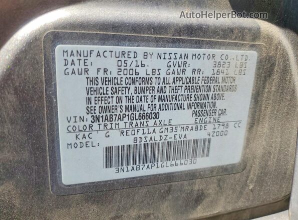 3N1AB7AP1GL666030 2016 NISSAN SENTRA Серый Вид наклейки с VIN-кодом