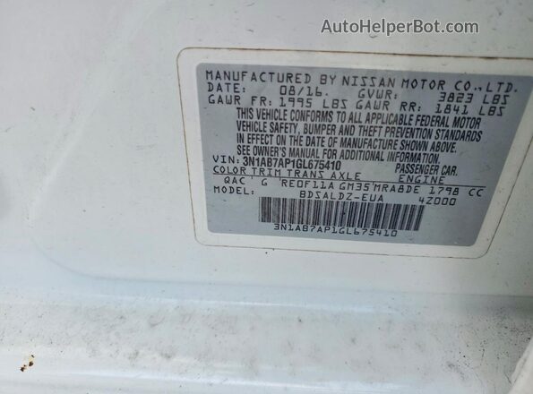 3N1AB7AP1GL675410 2016 NISSAN SENTRA White Vista del compartimento del motor