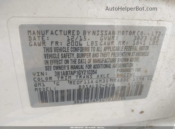 3N1AB7AP1GY210354 2016 NISSAN SENTRA White Вид підкапотного простору