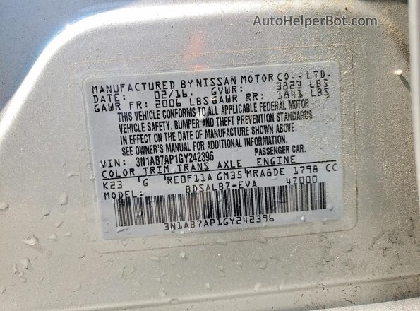 3N1AB7AP1GY242396 2016 NISSAN SENTRA Silver Widok naklejki z numerem VIN