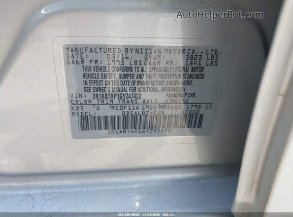 3N1AB7AP1GY247422 2016 NISSAN SENTRA Silver Vista del compartimento del motor