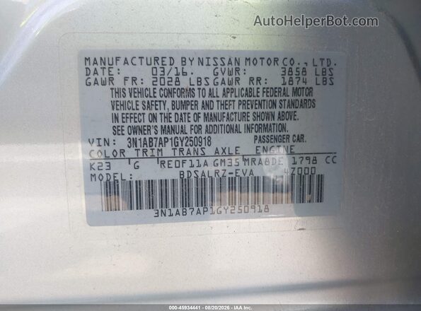 3N1AB7AP1GY250918 2016 NISSAN SENTRA Silver Widok komory silnika